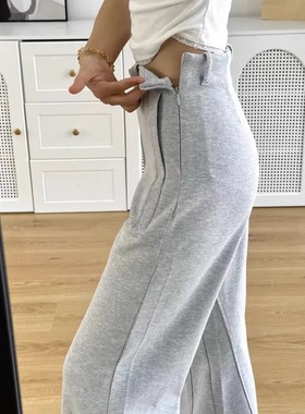 灰色运动微喇裤女春秋2025新款宽松休闲卫裤小个子垂感拖地长裤子