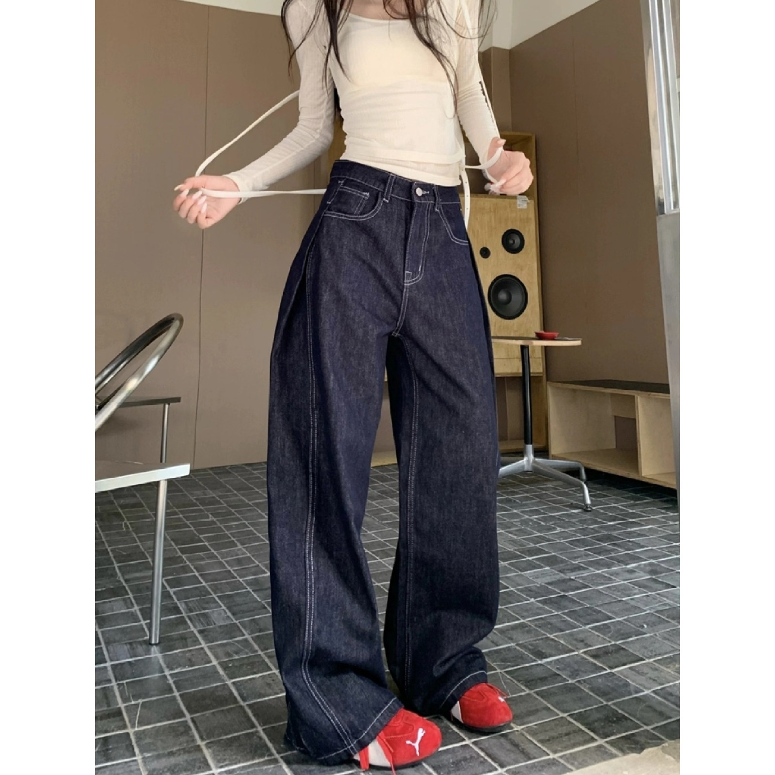 复古美式时髦牛仔原色宽松拉链牛仔裤女款秋季高街低腰阔腿长裤子