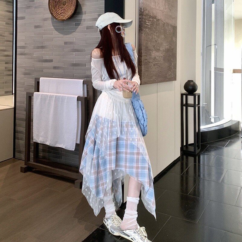 蓝色韩系格子半身裙女士夏季新款