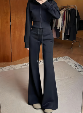 黑色lulu微喇叭裤同款秋冬2025新款加绒卫裤显瘦休闲美式运动裤子