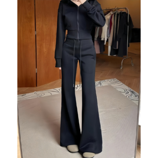 同款 运动裤 秋冬2025新款 显瘦休闲美式 子 加绒卫裤 黑色lulu微喇叭裤