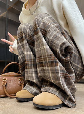 复古黄格子裤子秋季直筒宽松垂感休闲高腰小个子慵懒风阔腿裤女款