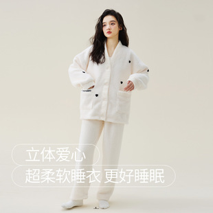 不掉毛毛秋冬季珊瑚绒暖暖绒女开衫加厚睡衣美丽绒套装家居服甜美
