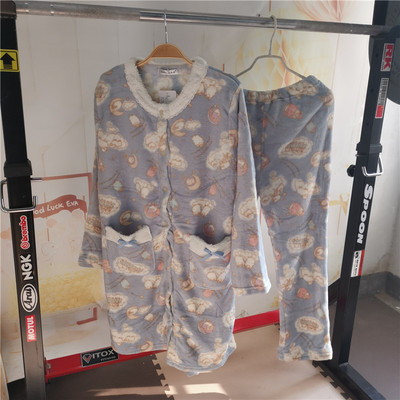 带扣加长款秋冬珊瑚绒睡衣套装