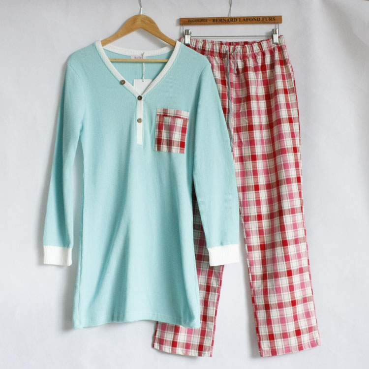 春季情侣男女全棉华夫格长袖长裤睡衣套装秋季正品家居服