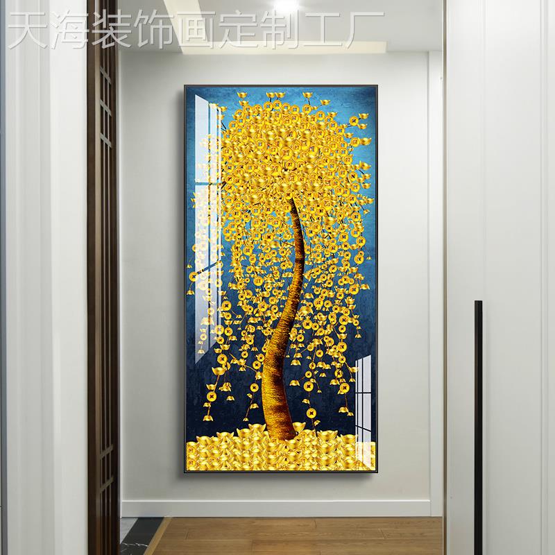 网红发财树大气入玄户壁关装饰竖画版大幅走廊挂画过装饰画晶瓷道图片