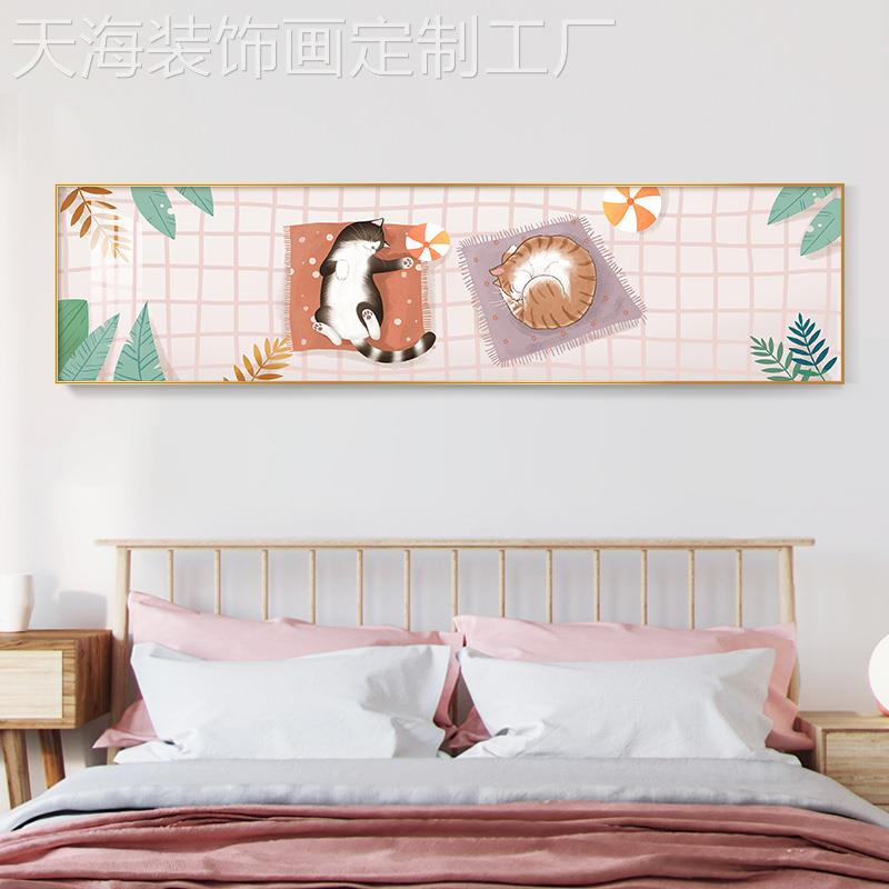 网红北欧卧室装饰画咪温馨创画横幅间卧室床头意挂猫画现代简约房图片