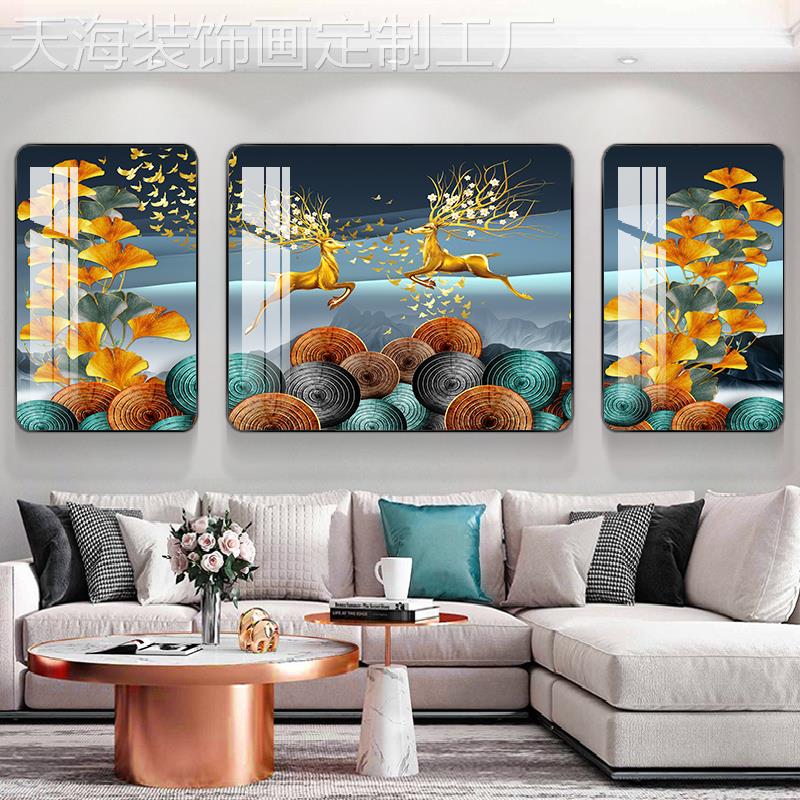 网红客厅装饰高档气沙画发背景墙挂三联墙画壁画欧大式简画约晶瓷图片