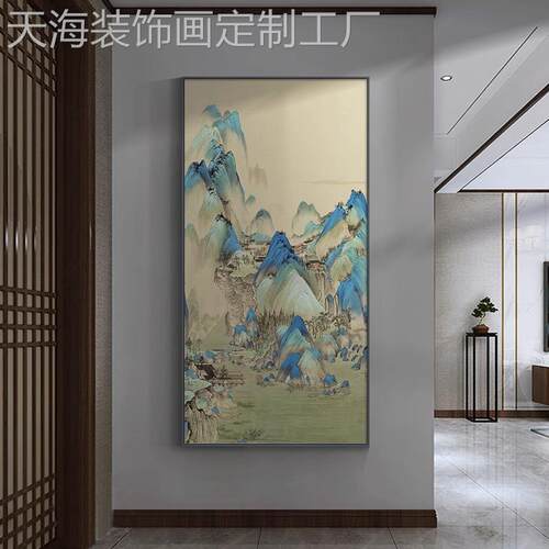 网红中式入户玄关装饰画里江山图竖山楼水画版梯挂画走廊过道千壁