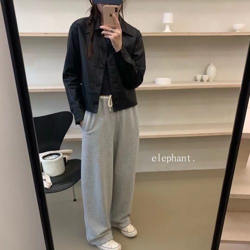 韩国elephant大象家纯色简约翻领纽扣pu皮衣外套均码显瘦均码女