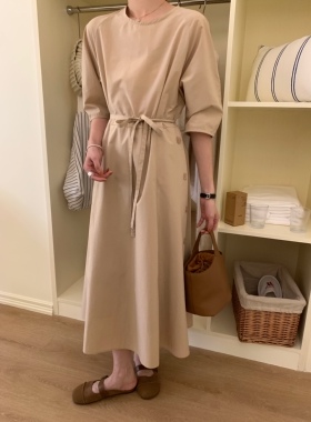 春夏新品韩国verso简约温柔气质圆领侧扣系带五分袖连衣裙均码女