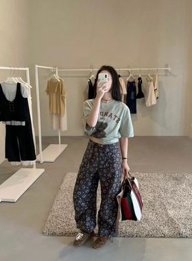 韩国handwash33家24ss个性碎花休闲长裤工装裤直筒休闲裤均码