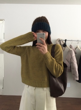 秋冬新品韩国verso简约基础羊毛圆领套头短款针织毛衣均码小版型