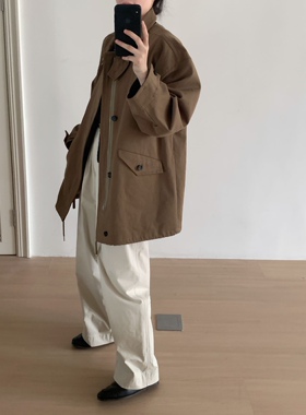 秋冬新品韩国aboutmoon复古宽松均码工装风休闲风衣外套女