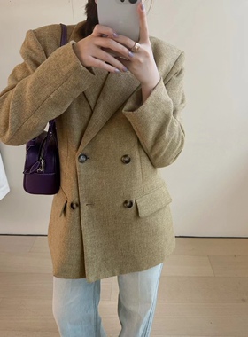 新品韩国verso简约双扣全羊毛翻领西装外套羊毛大衣均码