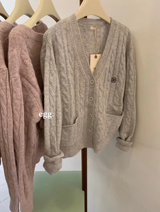 新品韩国鸡蛋家egg复古麻花减龄少女学院风v领羊毛毛衣开衫均码