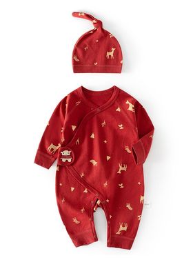 新生儿大红色连体衣婴儿哈衣春秋纯棉初生和尚服爬服男女宝宝内衣