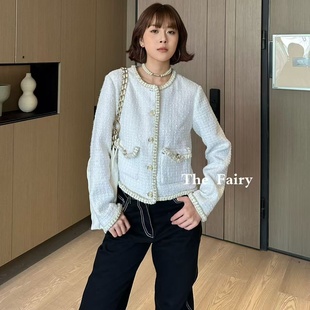 短上衣名媛气质时尚 米白色粗花呢小香风外套女2025年早秋新款 热销