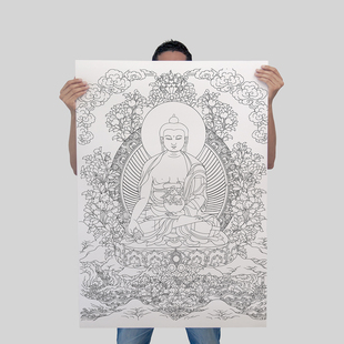 西藏非遗唐卡描金药师佛菩萨白描线稿画稿佛像涂色diy手绘唐卡像