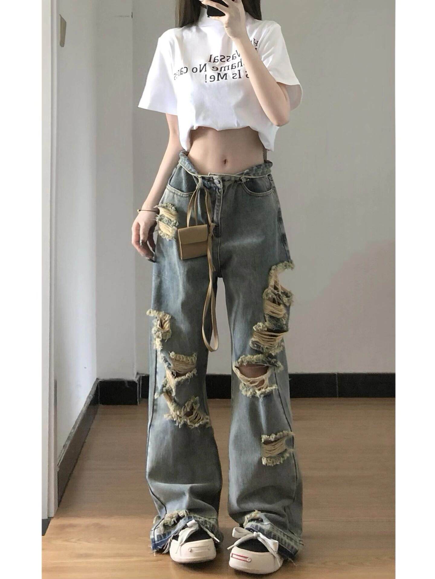 AMERICAN RETRO RIPPED JEANS WOMENS SUMMER THIN DRAPED TASSEL DESIGN LOOSE WIDE LEG PANTS LONG PANTS