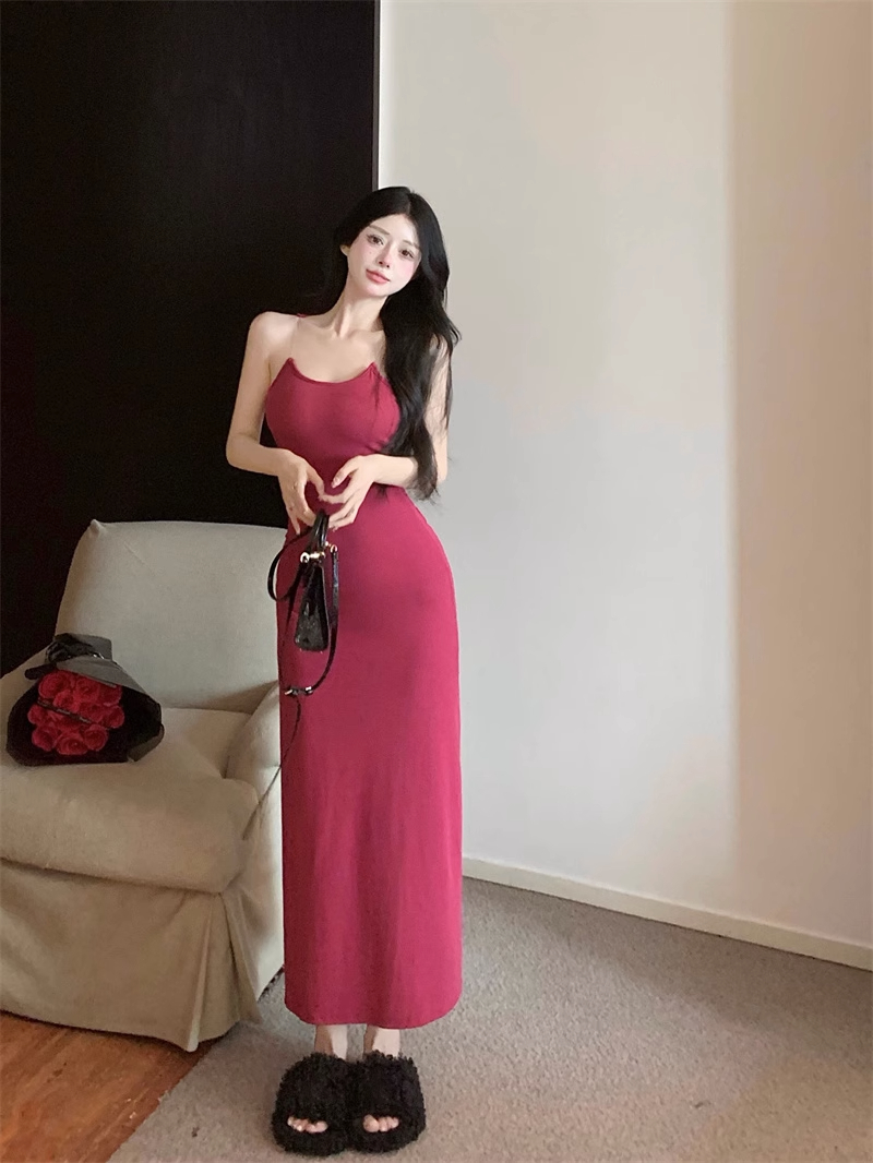 2025夏季辣妹性感鱼线隐形肩带紧身后妈透明吊带消失连衣裙长裙