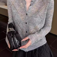 法式复古菱格镂空微透辣妹长袖针织开衫女春秋新款时尚百搭上衣潮