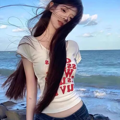 美式辣妹风字母印花白色短袖T恤