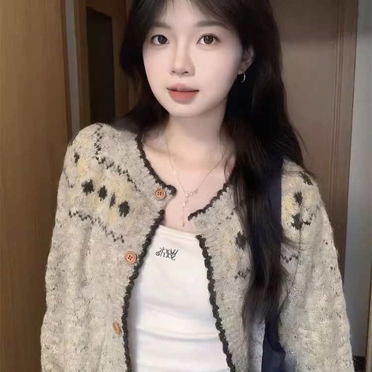 复古费尔岛撞色针织开衫女秋季