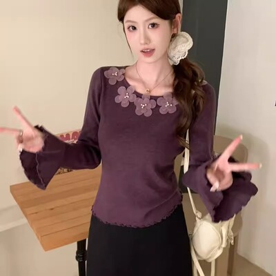 轻奢质感立体花朵紫色毛衣女