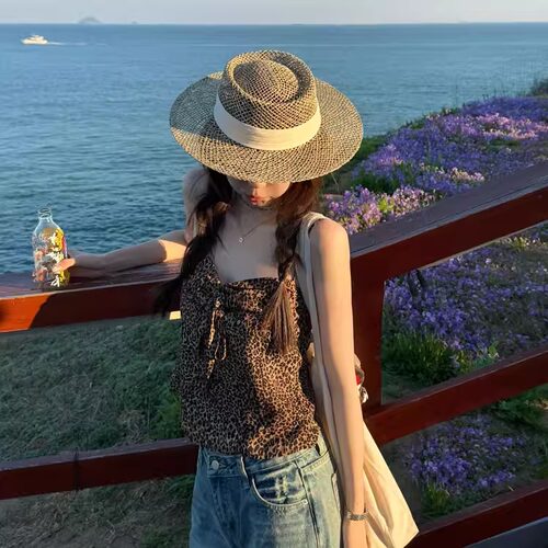 辣妹风豹纹绑带短款吊带背心女