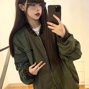 美式复古军绿色棒球服夹克女2025秋季新款设计感宽松百搭棉服外套