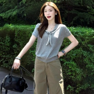 韩系学院风灰色假两件披肩V领短袖 显瘦百搭针织上衣 T恤女夏季 新款