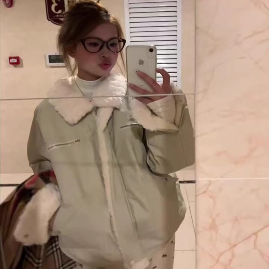 美式复古羊羔毛pu皮衣翻领棉服