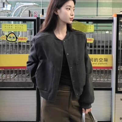 美式复古灰色短款棒球服外套女
