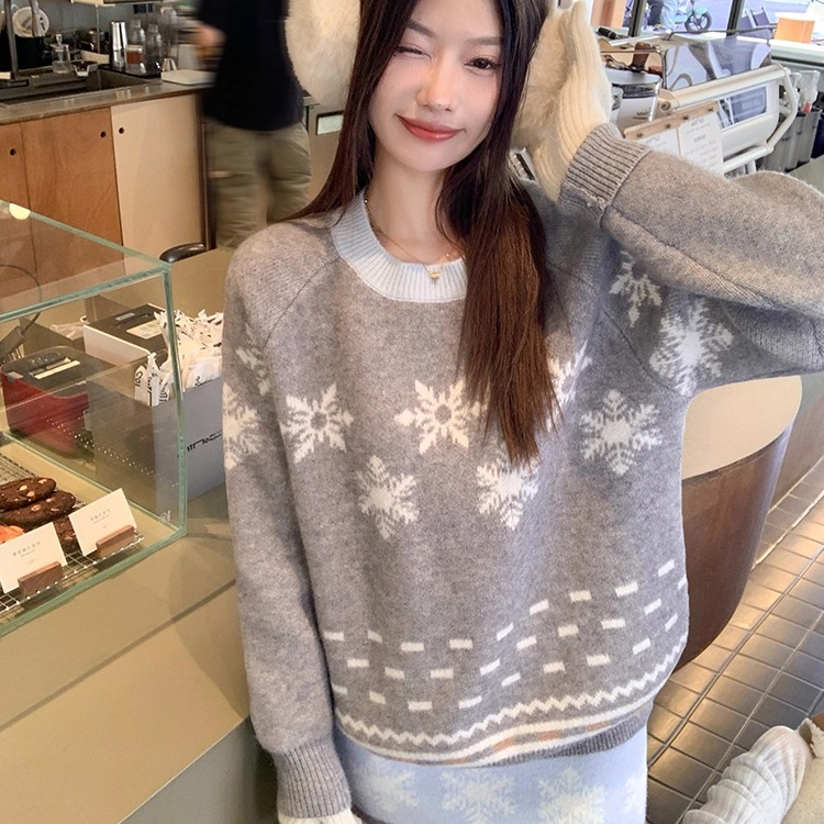 复古费尔岛灰色提花圆领套头毛衣