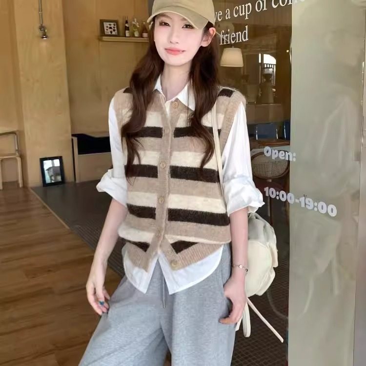 复古毛绒感软糯叠穿条纹毛衣马甲女春秋新款休闲显瘦百搭开衫上衣