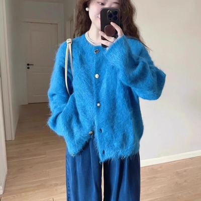 韩版慵懒风克拉因蓝单排扣开衫