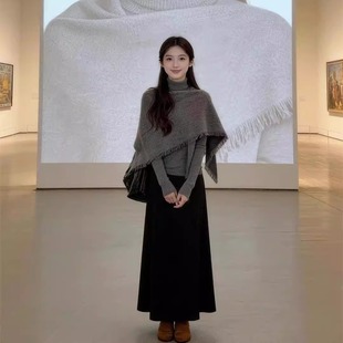 法式复古灰色高领披肩针织衫女春秋高级感内搭叠穿斗篷上衣两件套