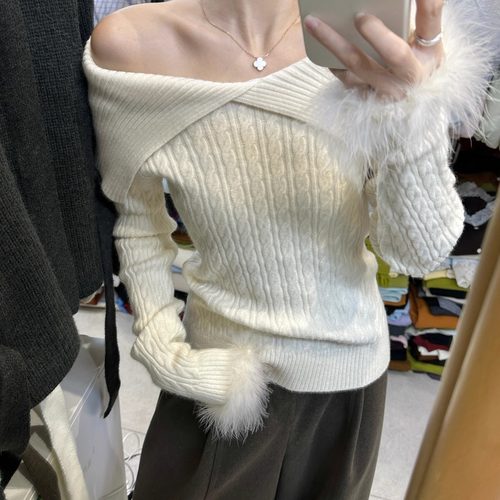 韩系气质翻领毛毛袖针织上衣女