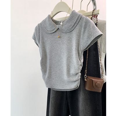 灰色娃娃领针织短袖t恤女夏季