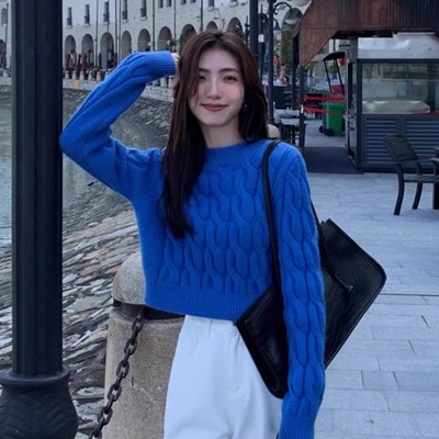 克莱因蓝短款麻花卷毛衣女2025冬季新款高腰套头慵懒风针织衫上衣