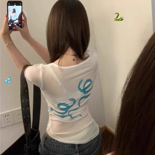 复古辣妹双蛇印花微透短袖T恤女