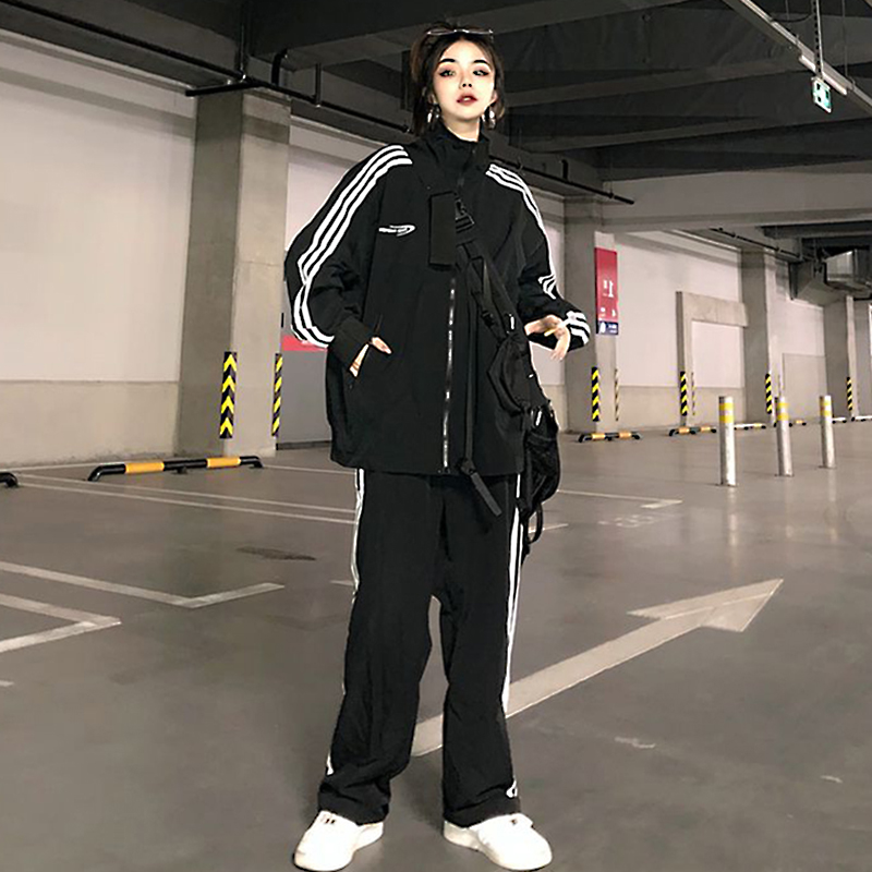 春秋2020新款韩版ins宽松运动休闲三杠学生男女时尚套装两件套潮