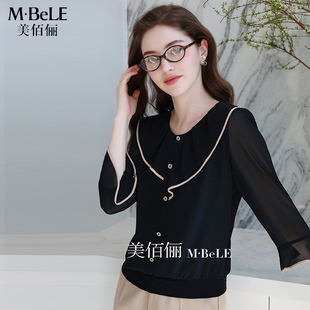 美佰俪2026春季新品优雅法式荷叶边洋气淑女风七分袖雪纺衬衫
