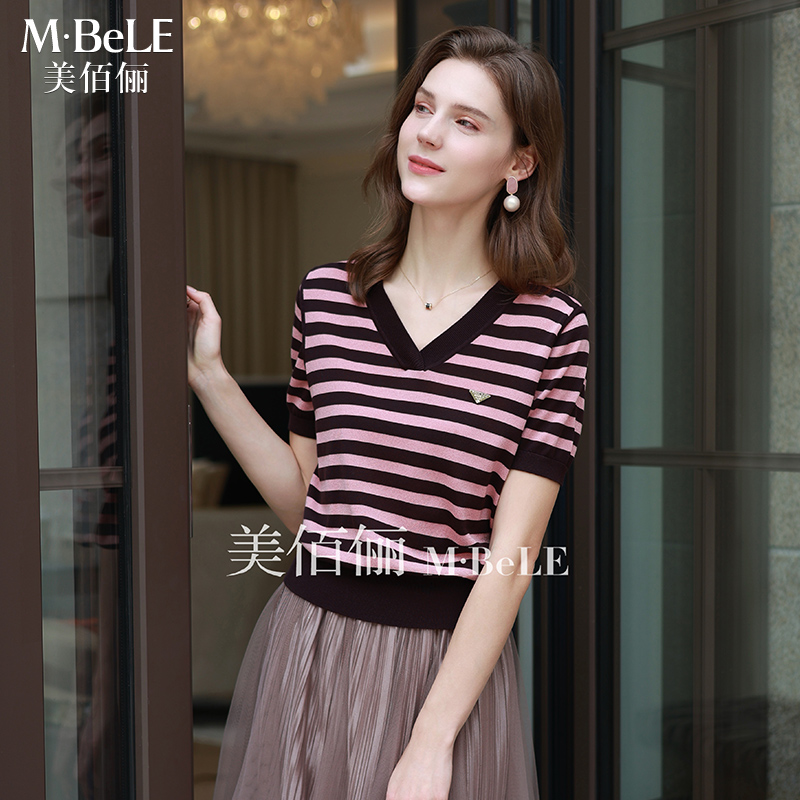 美佰俪莱赛尔天丝条纹针织衫女夏2025新款简约通勤撞色V领T恤上衣
