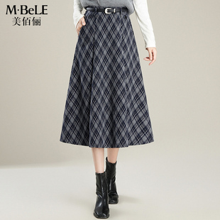美佰俪复古毛呢格纹半身裙女冬季 高腰显瘦A字裙中长遮臀伞裙 新款