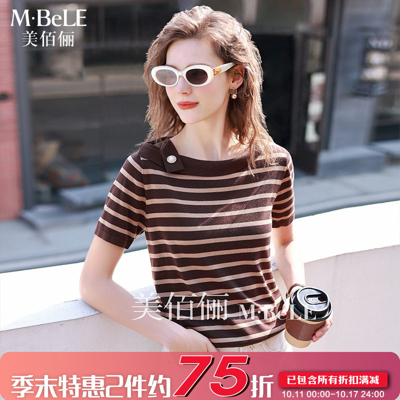 美佰俪设计感短袖天丝针织衫女士毛针织衫