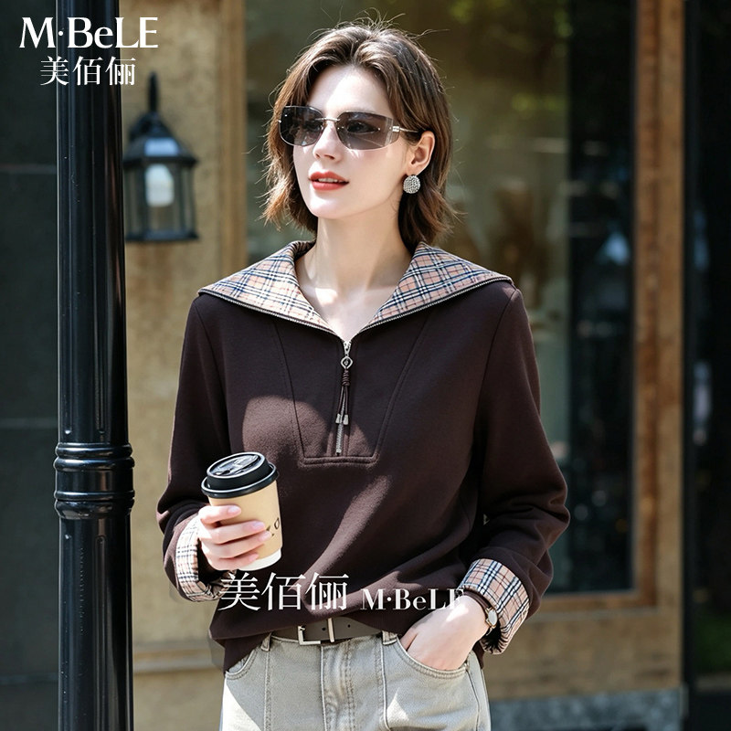 美佰俪2026秋冬款咖色半开拉链卫衣女格纹拼接大翻领宽松长袖上衣