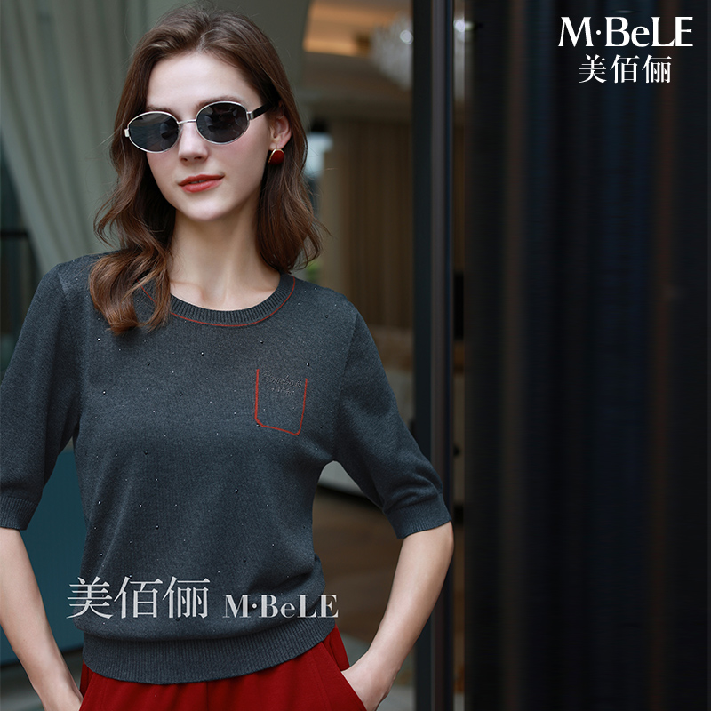 美佰俪天丝新款简约通勤针织衫女2025秋季五分袖撞色口袋烫钻上衣