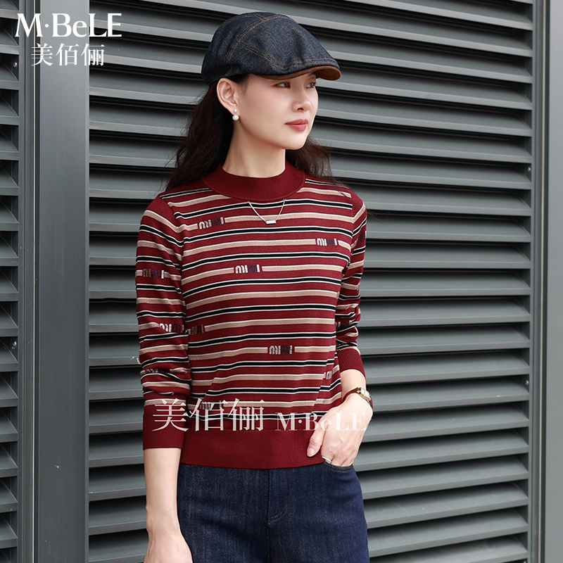 莱赛尔天丝条纹针织衫女圆领毛衣
